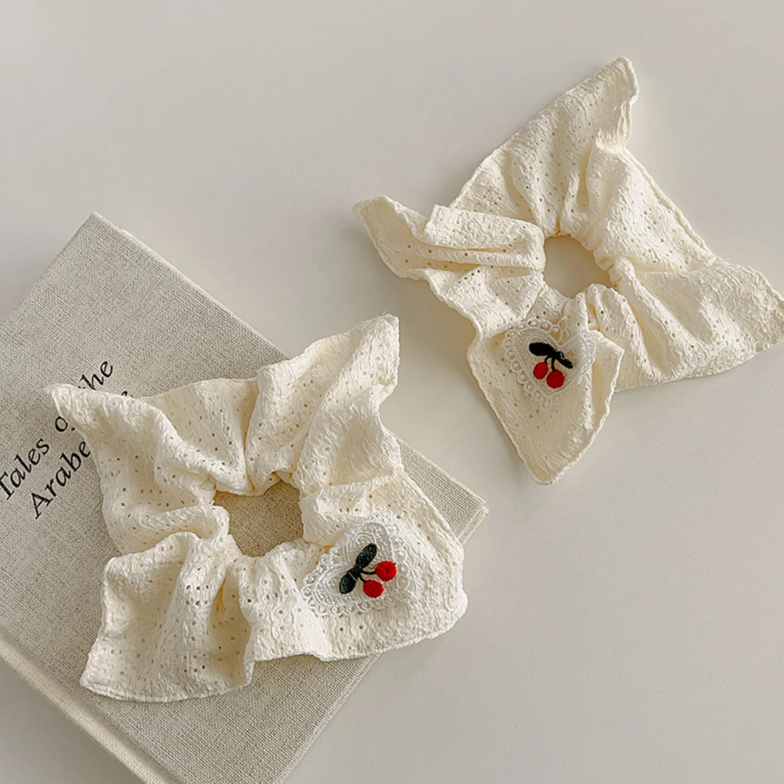 White Eyelet Scrunchies with Cherry Embroidery, Bow Hair Ties, Cute Girl Hair Accessories, Ideal for Ponytails