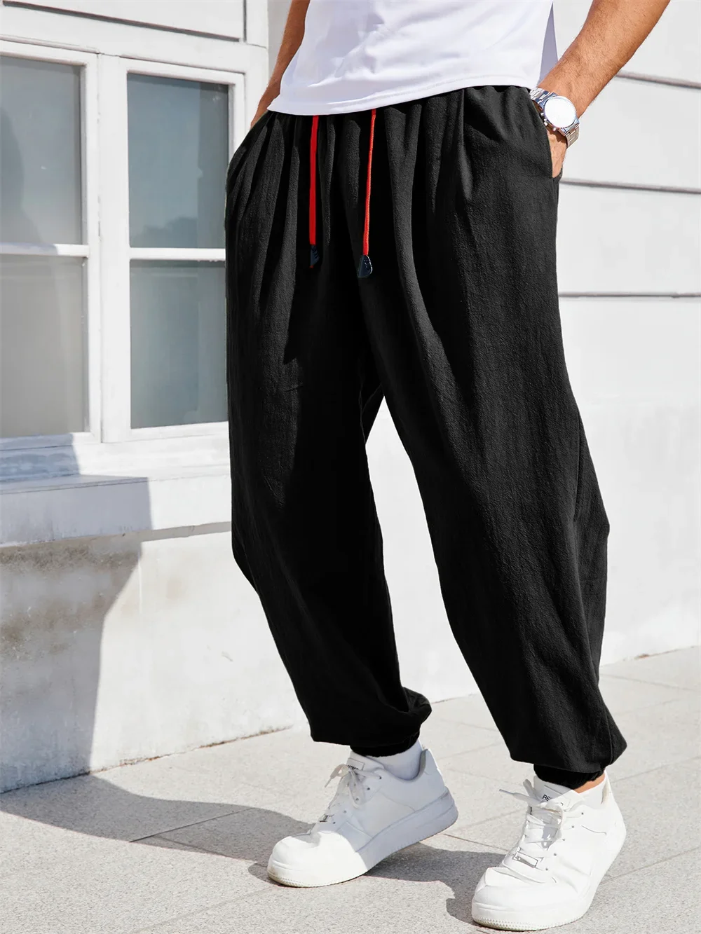 Herren Baumwoll-Leinen Haremshose Lässige Trendige Bequeme Atmungsaktive Hose Locker Sitzende Einfarbige Jogginghose Lange Herrenhose – Detail 12