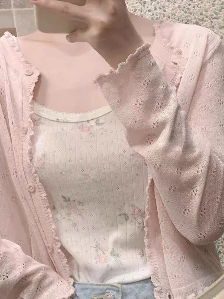2024 Women Summer Sun Protection Coat Lace Hollow Cardigan Lolita Female Blouse Tops Covers Blusa Y2K Korean All Match Tops 6