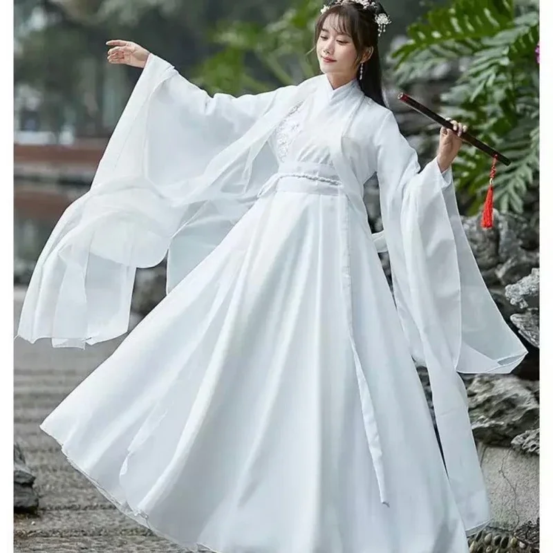 

WATER White Hanfu Dresses Fairy Costume Chinese Style Traditional Wide Sleeve Fresh Suit Ancient Oriental Folk Performance