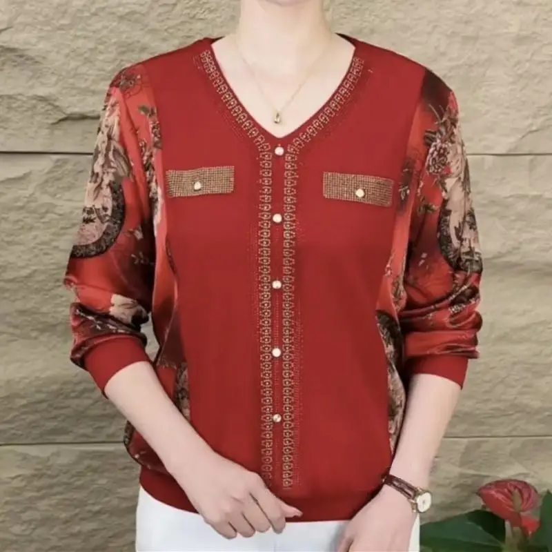 Vintage V-Neck Printed Spliced Diamonds Blouses Women's Clothing 2023 Autumn Winter All-match Pullovers Loose Casual Shirts