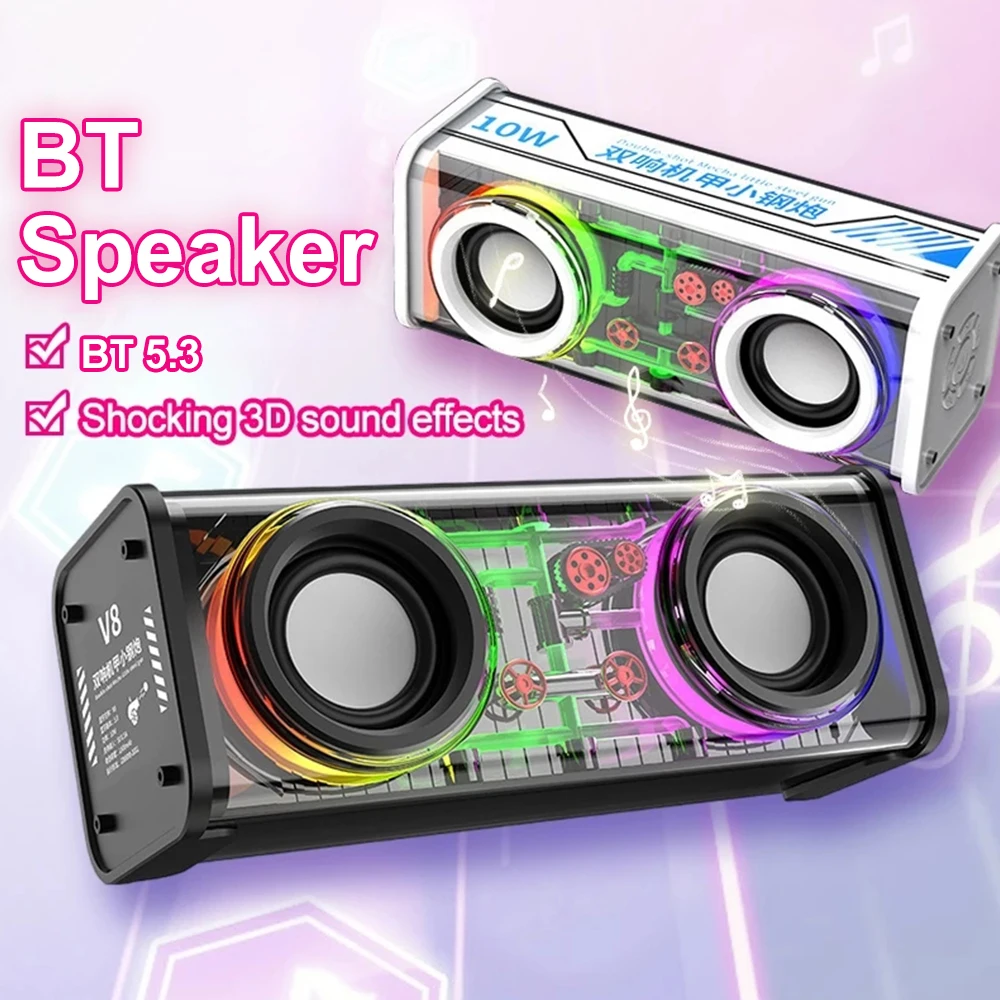 V8 Transparent Mecha Speaker Bluetooth 5.3 Wireless Bass Diaphragm Subwoofer Sound Box Music TWS Stereo Soundbar LED Loudspeaker