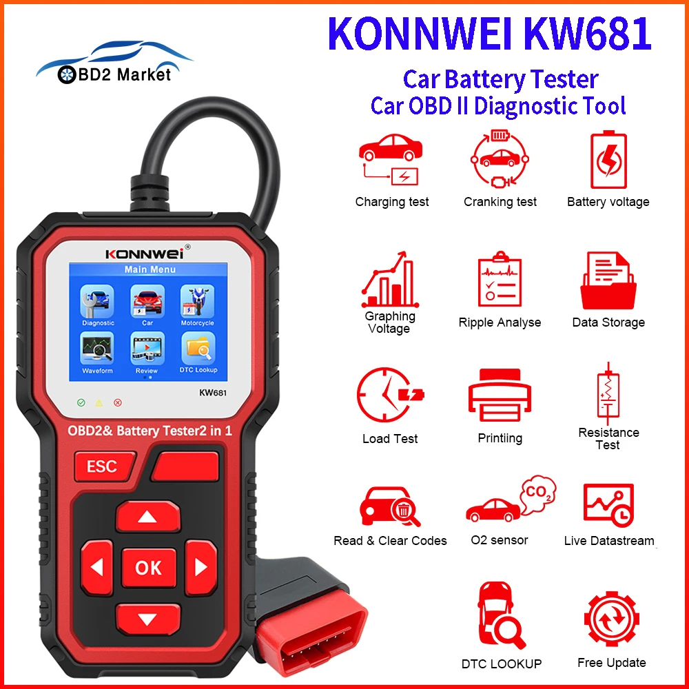 

KONNWEI KW681 12V Car Battery Tester Gasoline Diesel Auto Diagnostic Tool 2in1 2000CCA AGM Battery Pass Smoke Check Free Update
