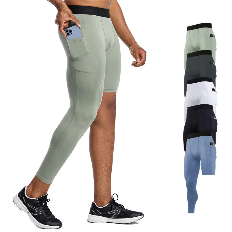 

Леггинсы мужские с карманами, спортивные брюки для бега, баскетбола, футбола, фитнеса, длинные леггинсы с одной ногой, весна-осень