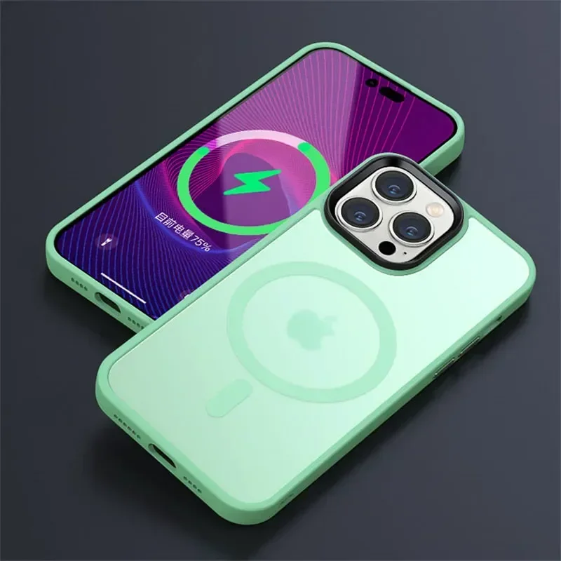 thumbnail image 1 of Shockproof Matte Transparent Phone Case For iPhone 15 14 13 12 11 Pro Max 14 Plus For Magsafe Magnetic Wireless Charging Cover, 1 of 5