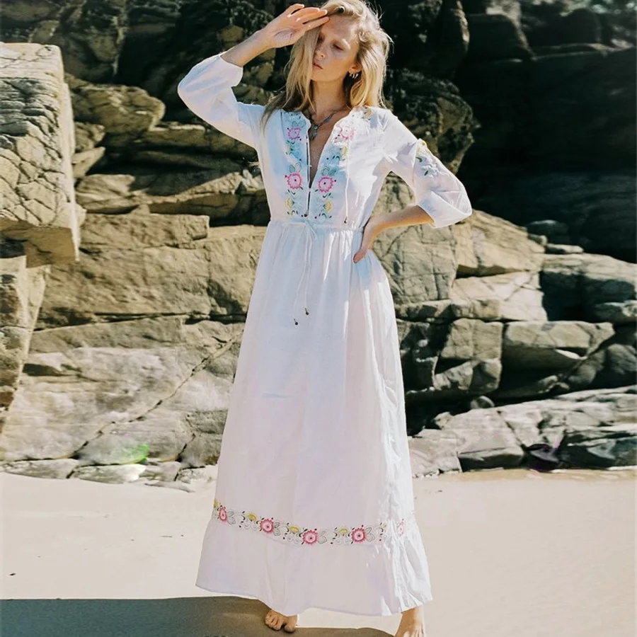 

TEELYNN White Cotton Embroidery Maxi Dress Women Vintage Long Sleeve O Neck Drawstring Waist Boho Beach Autumn Spring Vestidos