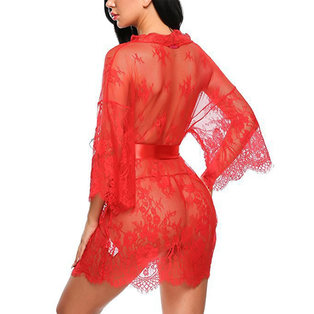 Women Sleepwear Pajamas Sexy Sheer Nightgown Transparent Erotic Lingerie V-neck Gauze Robe