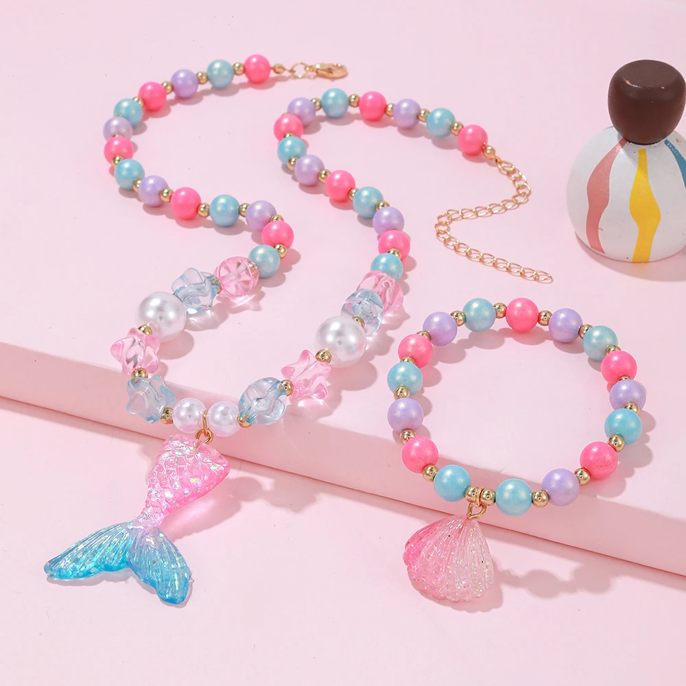 2Pcs/set Girl Princess Mermaid Shell Charm Necklace Bracelet Jewelry Set for Daughter Niece Girls Best Party Birthday Gifts 1
