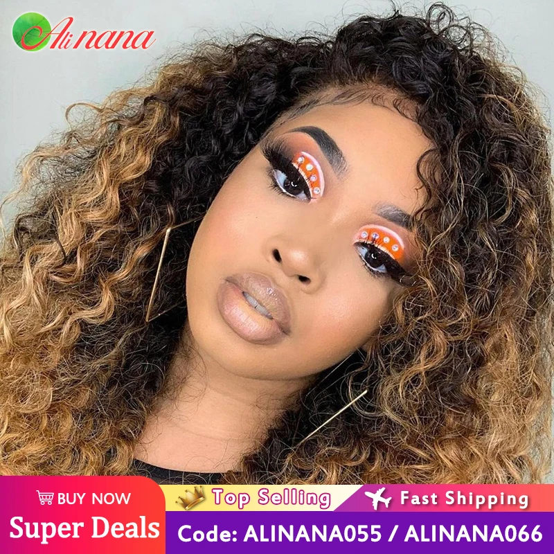 Mongolian Afro Kinky Curly Human Hair Wigs 13x4 Lace Frontal Wig For Women Pre-Plucked Thick Highlights Ombre 1B Blonde Colored lace front wig,human hair wigs