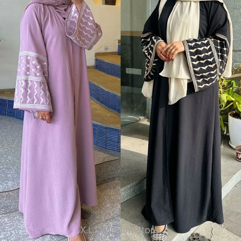 Dubai Islamic Eid Ramadan Modest Abayas White Black Pink Butterfly Embroidery Linen Dress For Women Robe Clothing Musulmane