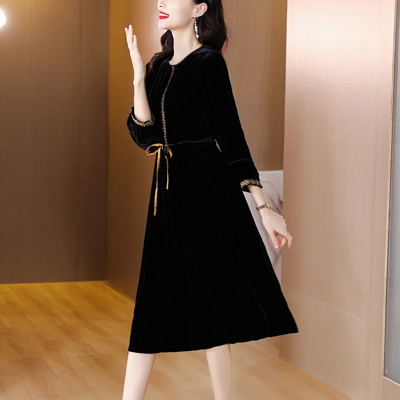 

2023 New Fashion True Velvet Dress Women's Autumn and Winter Vintage Long Sleeve Loose Fit Casual Holiday Dress Vestidos