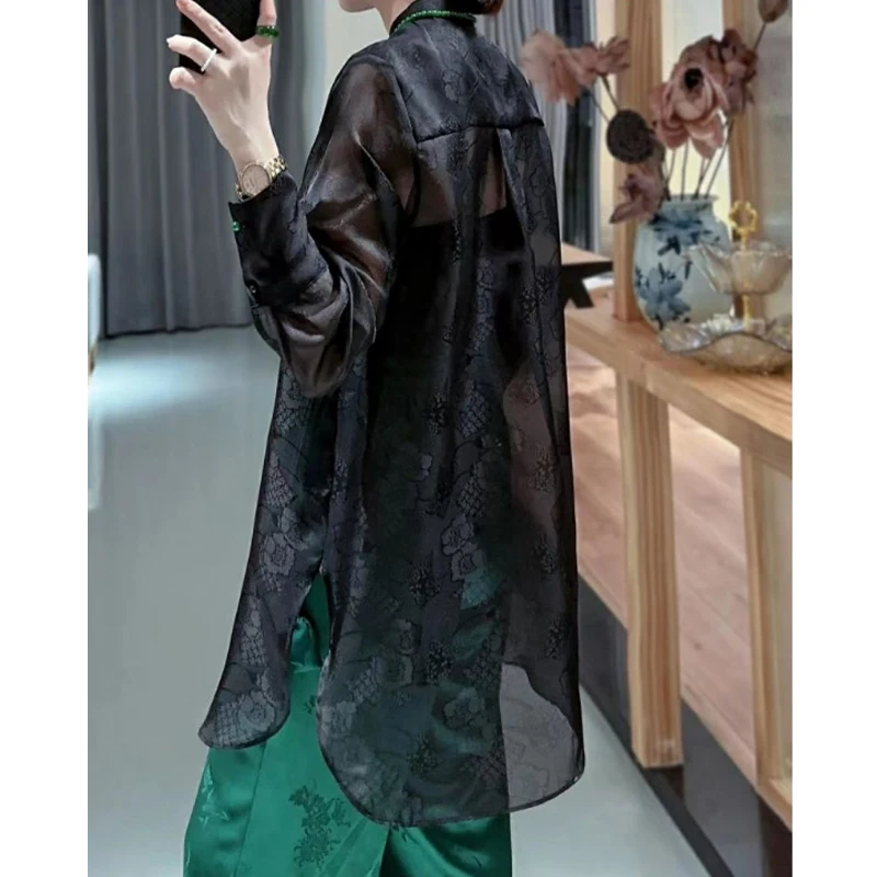 Women Retro Print Elegant Middle Length Button Shirt Summer Fashion Long Sleeve Thin Blouse Ladies Loose Chic Tunic Tops Blusas
