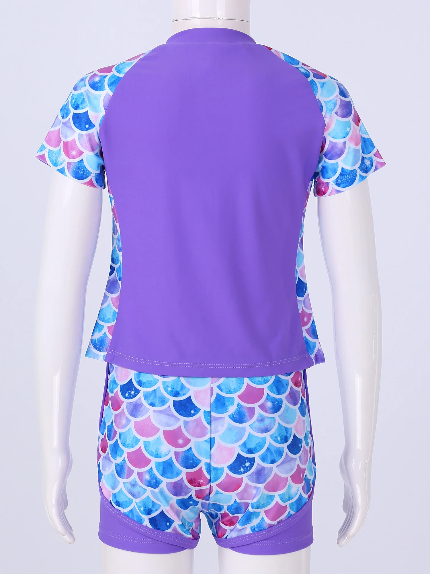 Children Girls Print Swimwear Short Sleeve Zipper Stand Collar Tops with Shorts Set Swimsuit Pool Party Bathing Suit Beachwear