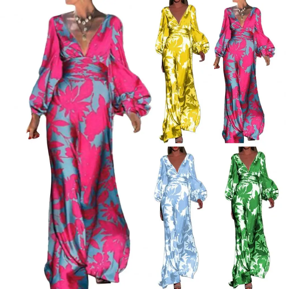 

Ladies Maxi Dress Women Printed Dress Elegant Floral Print Maxi Dress with Lantern Sleeves V Neckline for Prom Banquet