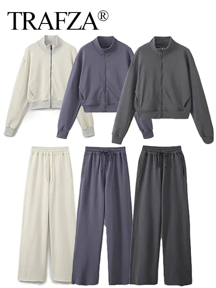 HH Women Solid Pant Sets Zipper Long Sleeve Coat Bomber Jacket + Drawstring High Waist Trousers Fashion Streetwear Suit