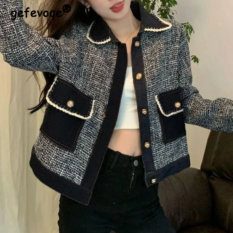Women Trendy Vintage Chic Patchwork Single Breasted Outewear Jackets 2023 Autumn Winter Elegant Long Sleeve Loose Pockets Coat