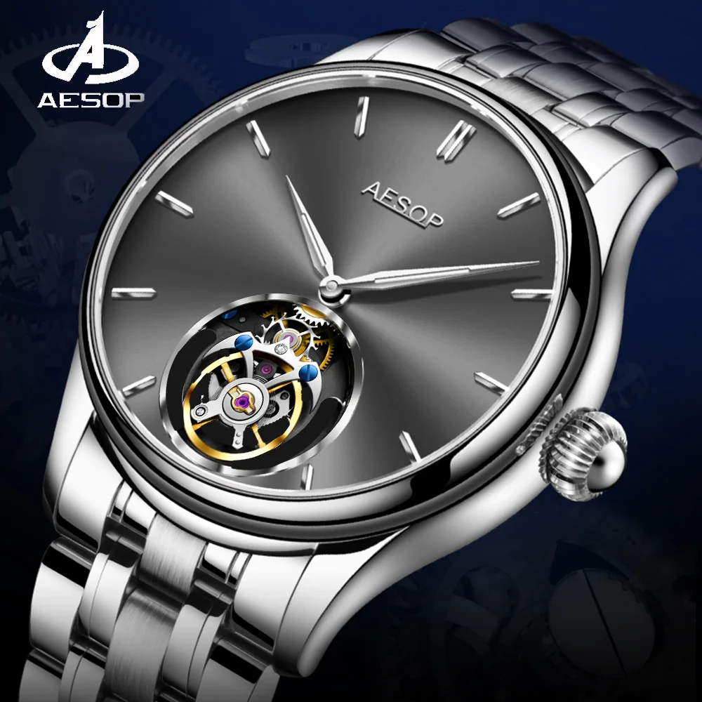 AESOP Real Flying Tourbillon Skeleton Watch for Men Mechanical Wristwatches Male Clocks Skeleton Sapphire Waterproof WatchA