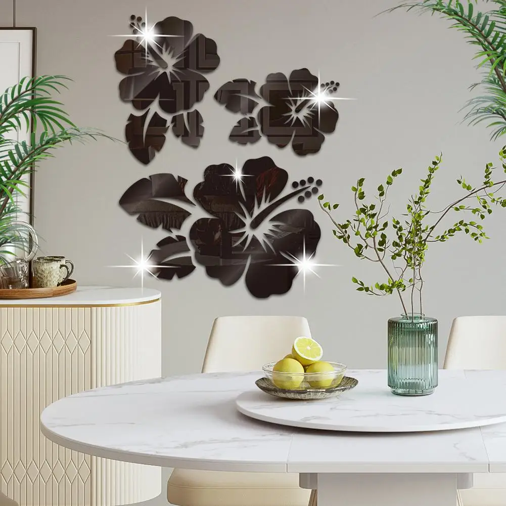 3D Spiegel Aufkleber Blumen Spiegel Wandtattoos Schlafzimmer Wohnzimmer  Badezimmer Dekoration Silber 