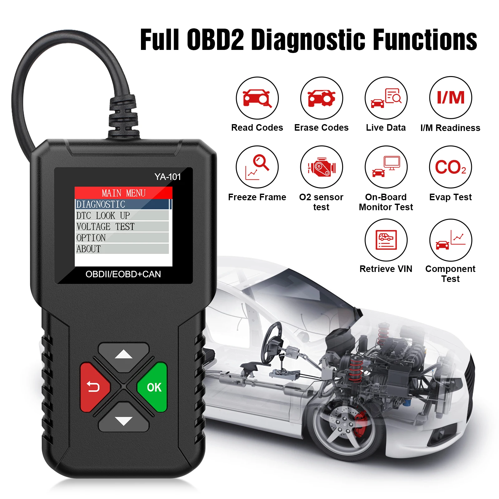 Car OBD2 Scanner YA101 for 12V Automotive Check Engine Error Code Reader Diagnostic Tool Full OBDII Diagnostic Functions 2