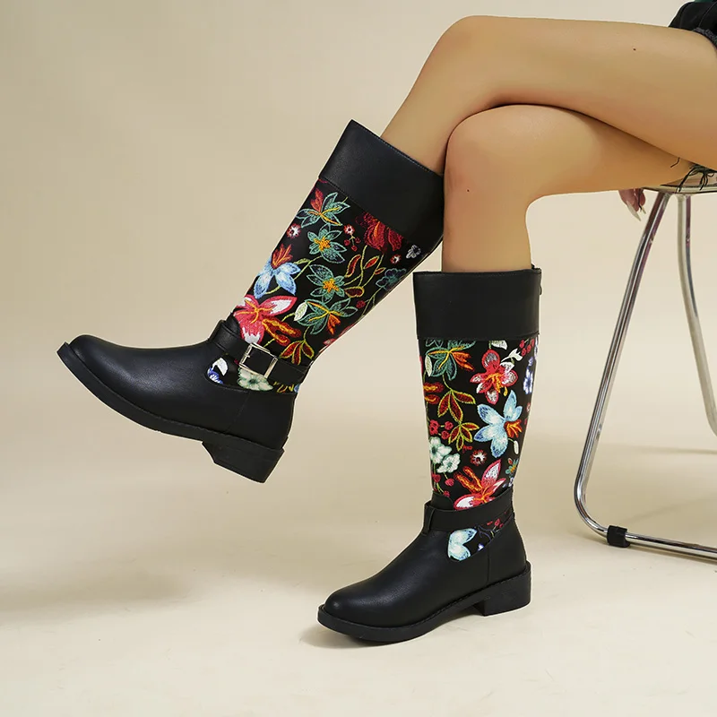 2023 New Women Embroidery Flowers Knee High Boots Women Ethnic Retro Chunky Heel Large Size Knight Boots