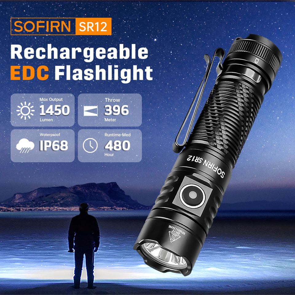 Sofirn SR12 1450lm Powerful 396m Pocket Flashlight SFT25R LED Spotlight Torch with Magnetic Tailcap