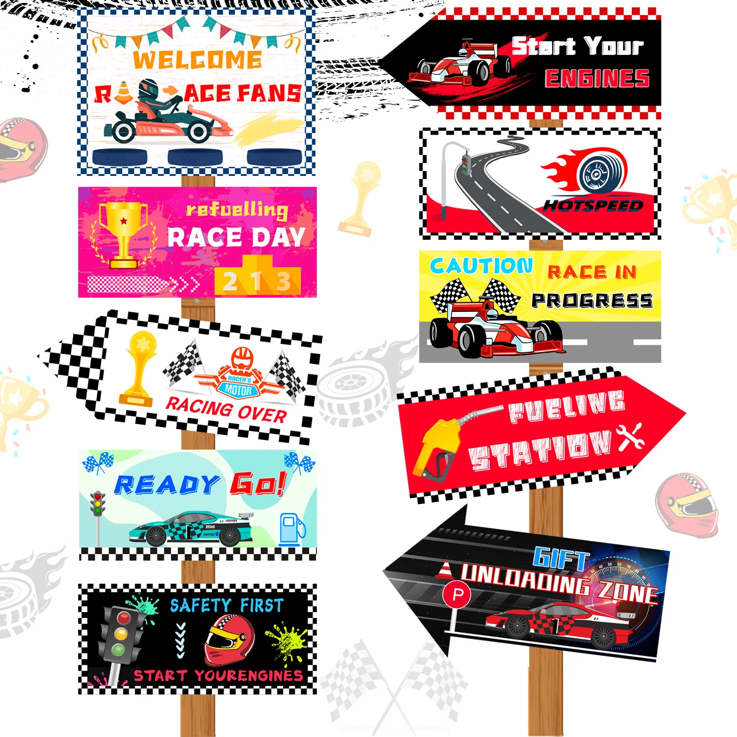 Racing Car Party Signs,10pcs Race Car Birthday Party Decorations Signs Set-Race Birthday Signs,Street Sign&Traffic Signs etc