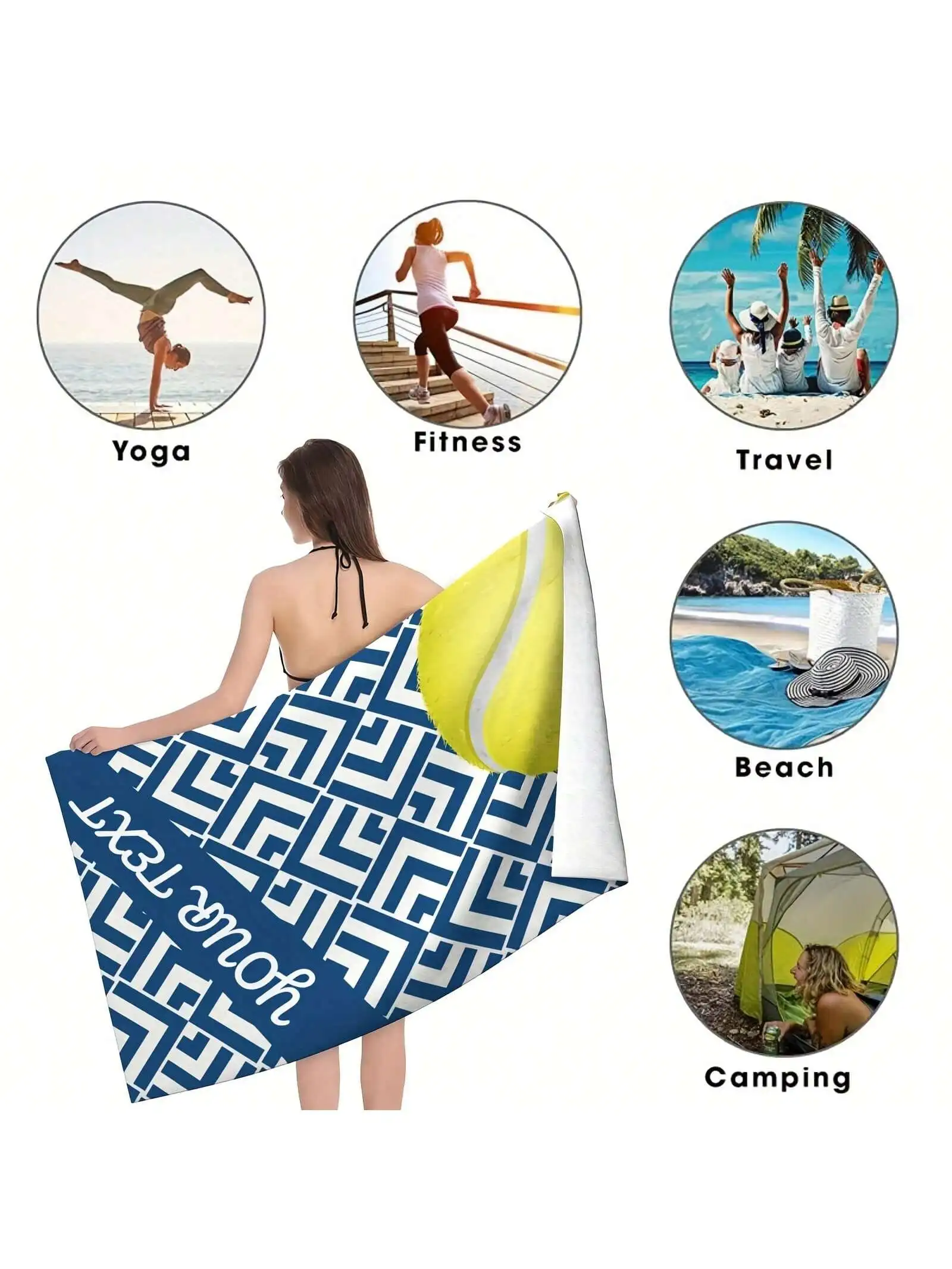 1pc Personalized Name Custom Beach Velvet Towel With Tennis Print .Ultra-Soft, Quick-Dry, Sand-Free Microfiber - Blue & White