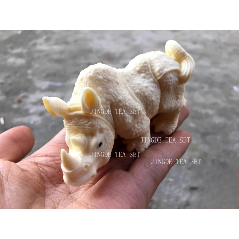 Ivory Rhinoceros Ornament Handheld Components African Lucky Three Treasures Crafts Tea Pet Table Decoration Tea Set Accessories
