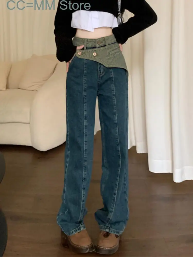 New Winter Causal Jeans Women High Waist Patchwork Designer Baggy Denim Pants Female Harajuku Straight Blue Trousers Winter