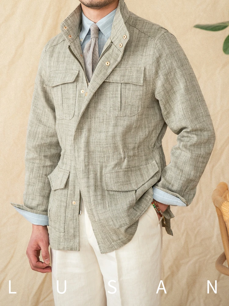 Veste de pêche légère en coton et lin M65 - Col montant ajusté pour pêche printemps-été