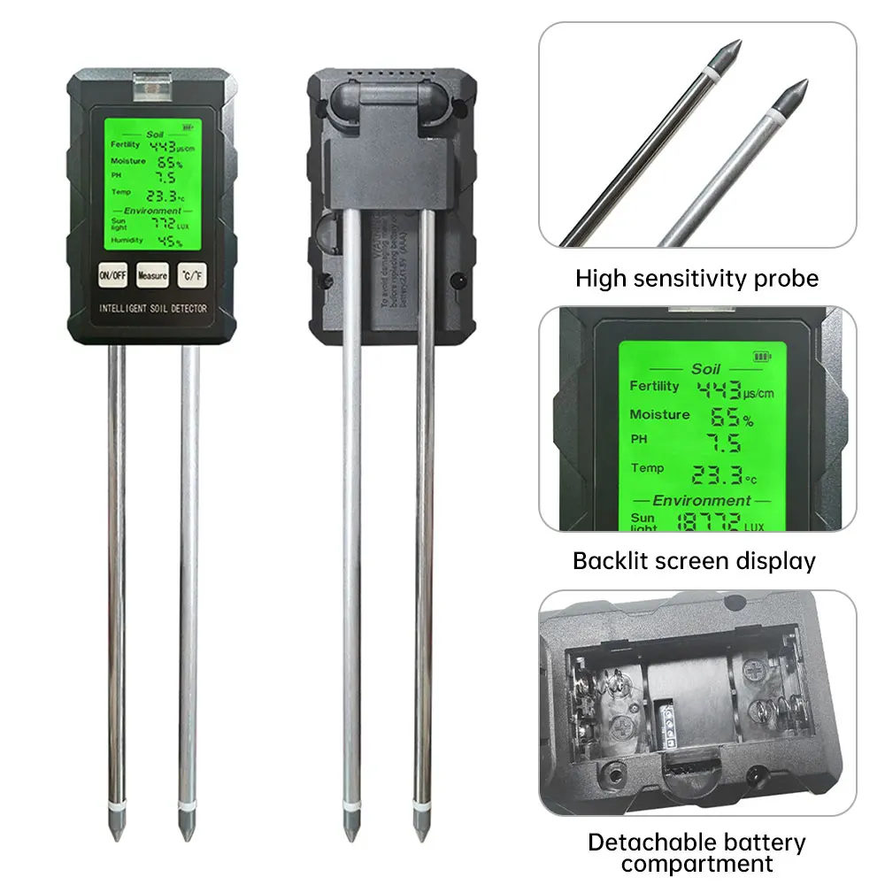 Soil Fertility PH Meter Tester Soil PH Moisture Meter Temperature Sunlight Intensity Measurement Analysis Soil Acidity Test 6in1 4