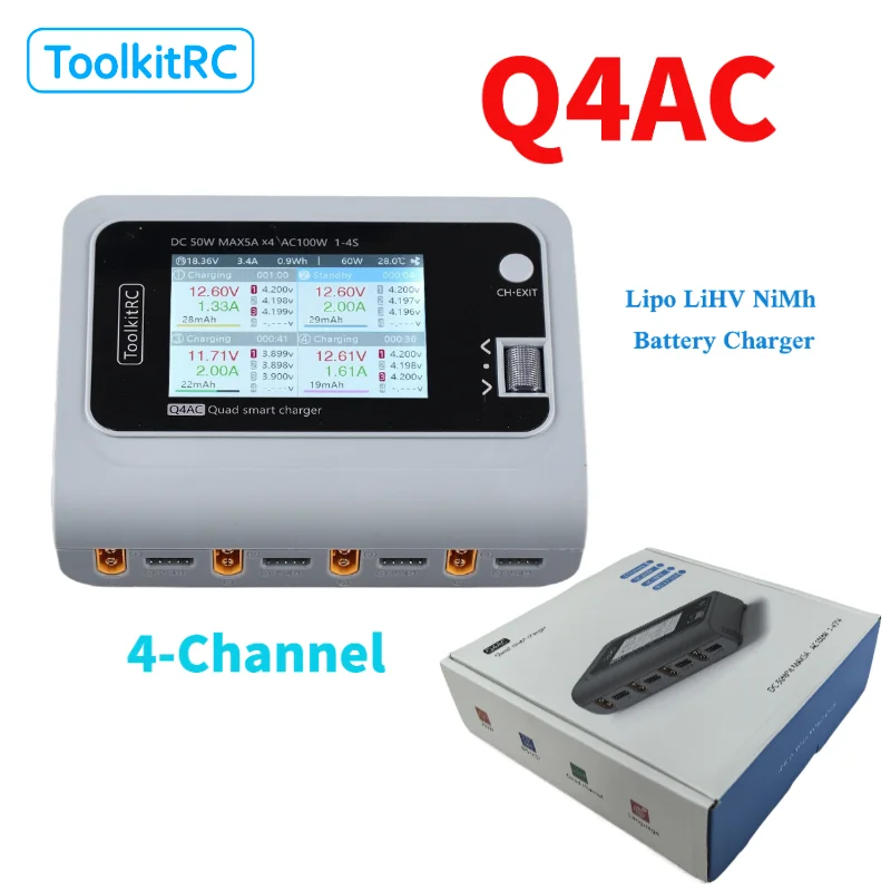 ToolkitRC Q4AC 3S Lipo Зарядное устройство для радиоуправляемой машины с адаптерами XT60 XT30 4-портовое интеллектуальное зарядное устройство постоянного тока 4x50 Вт 5A AC 100 Вт