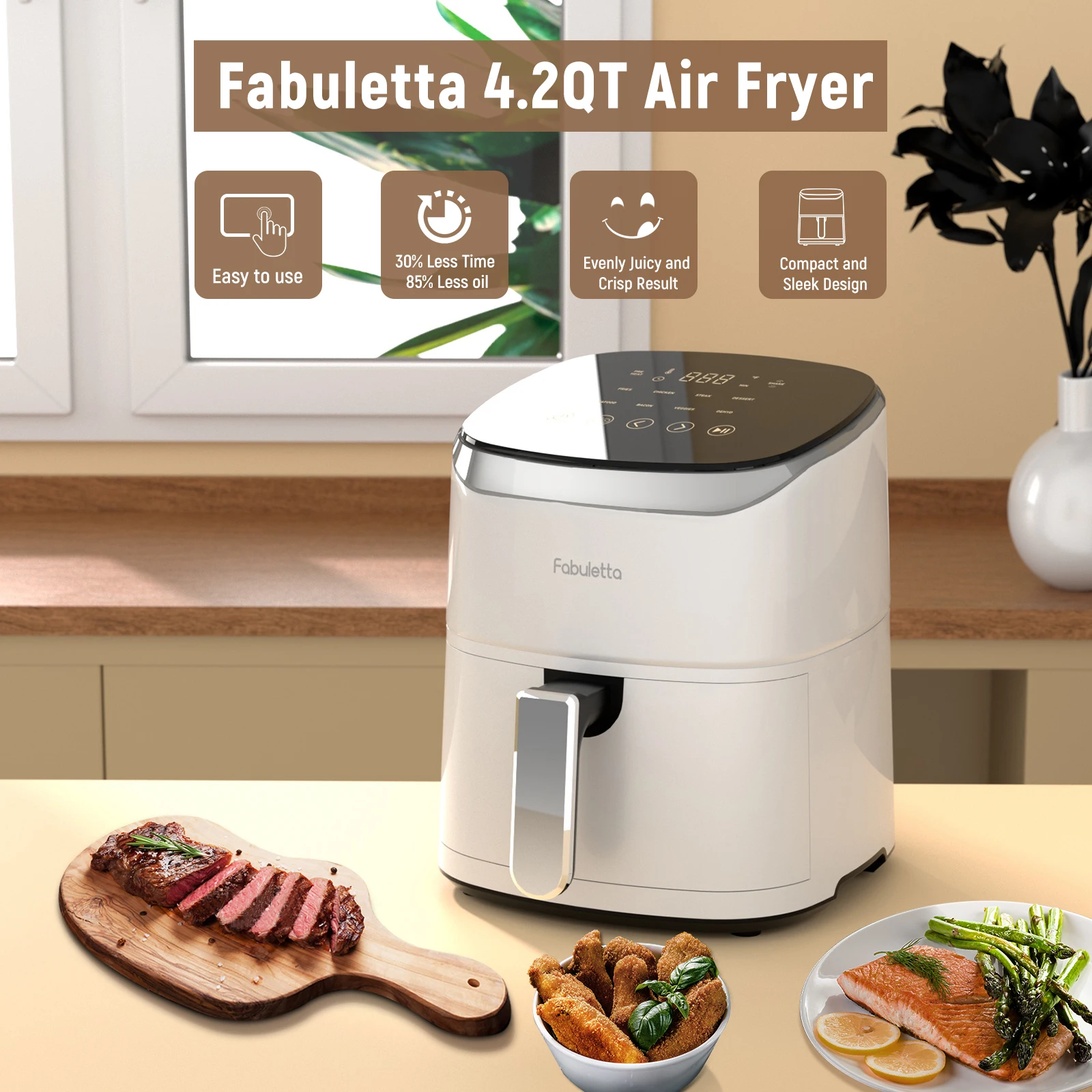 Air Fryer, Fabuletta 4.2QT Air Fryer Oven With 9 Customizable Cooking Programs,Tempered Glass Display, Dishwasher-Safe Nonstick 4