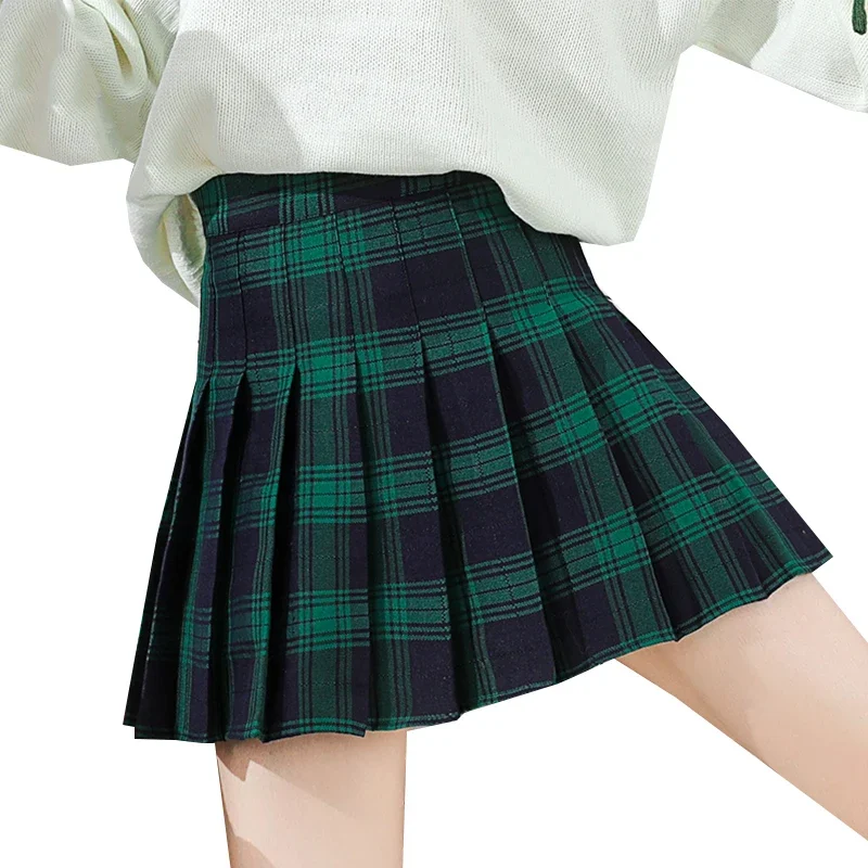

Green Pleated Skirts Women High Waist A-Line Plaid Skirt Harajuku Ladies Girls Dance Skirt Green Black Female Mini Skirts