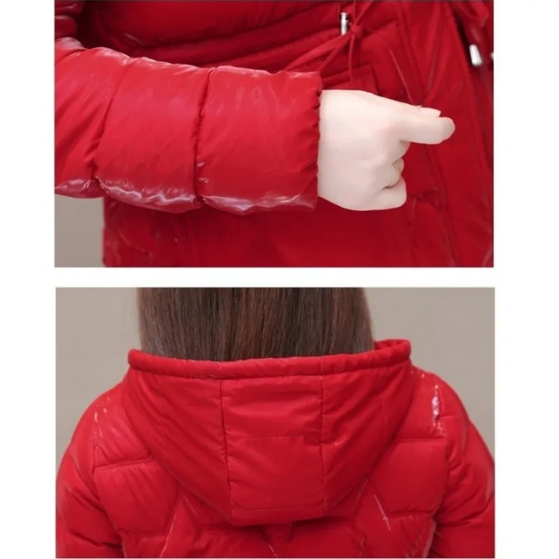 2024 New Women Down Cotton Coat Winter Jacket Mid Length Version Parkas Glossy Slim Warm Outwear Hooded Large Size Overcoat