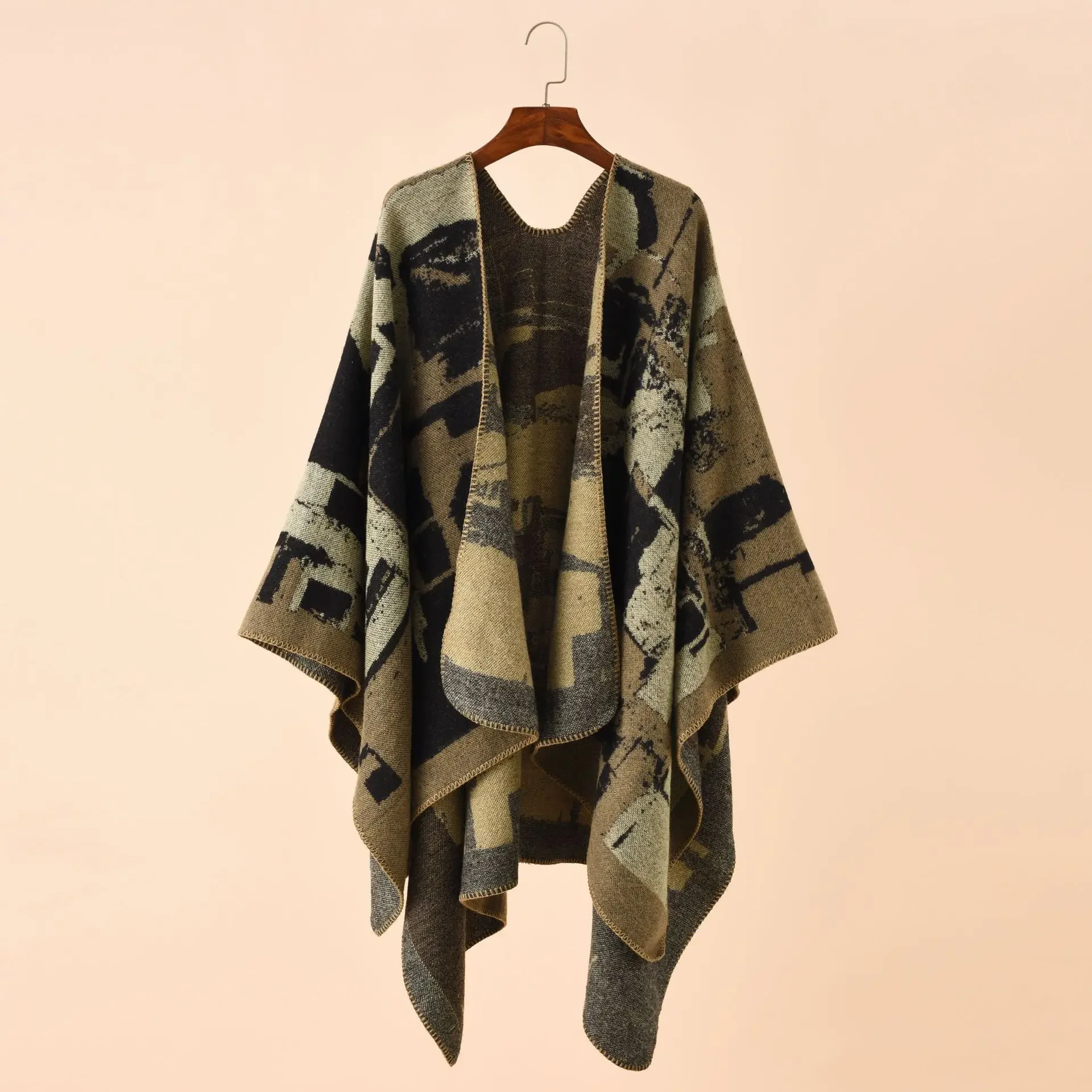 

2024 Autumn Winter Irregular Geometric Lattice Pattern Imitation Cashmere Shawl Air Conditioning Room Cloak Poncho Capes Khaki