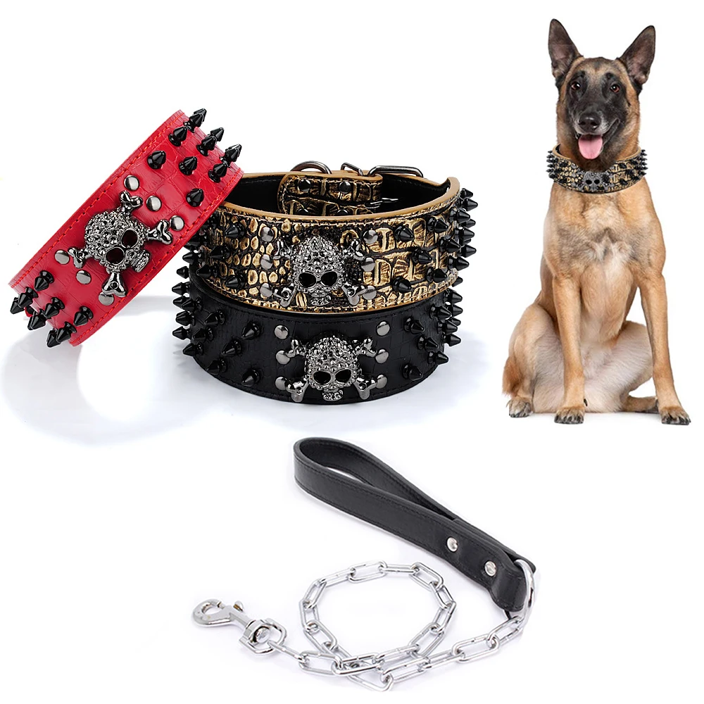 

Fashion Skull Rivet Decorative Leather Dog Collar and Leash for Small Medium Large Dogs Pet Dog Accessories Labrador Dogs Collar