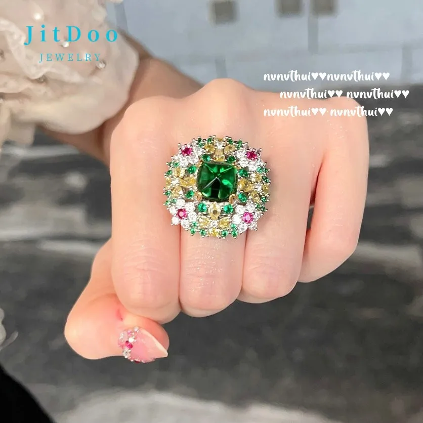 

JitDoo Gorgeous Emerald Flower Ring for Women Elegant Charms Cubic Zirconia Opening Ring Ladies Birthday Reception Jewelry Gift