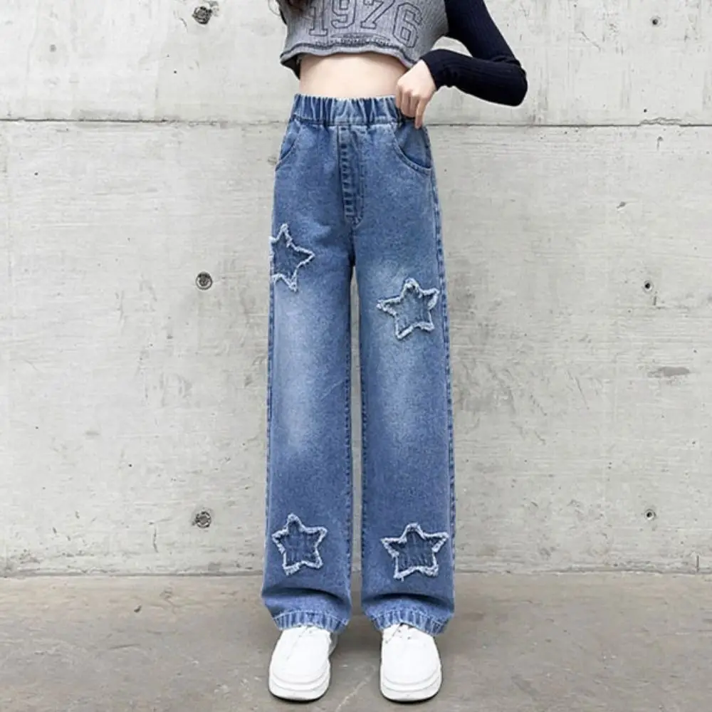 Ins Embroidered Stars Teens Girl Jeans Loose Wide Leg Children Y2K Jeans High Waist Cowboy Pants Girls Denim Trousers Girls Gift