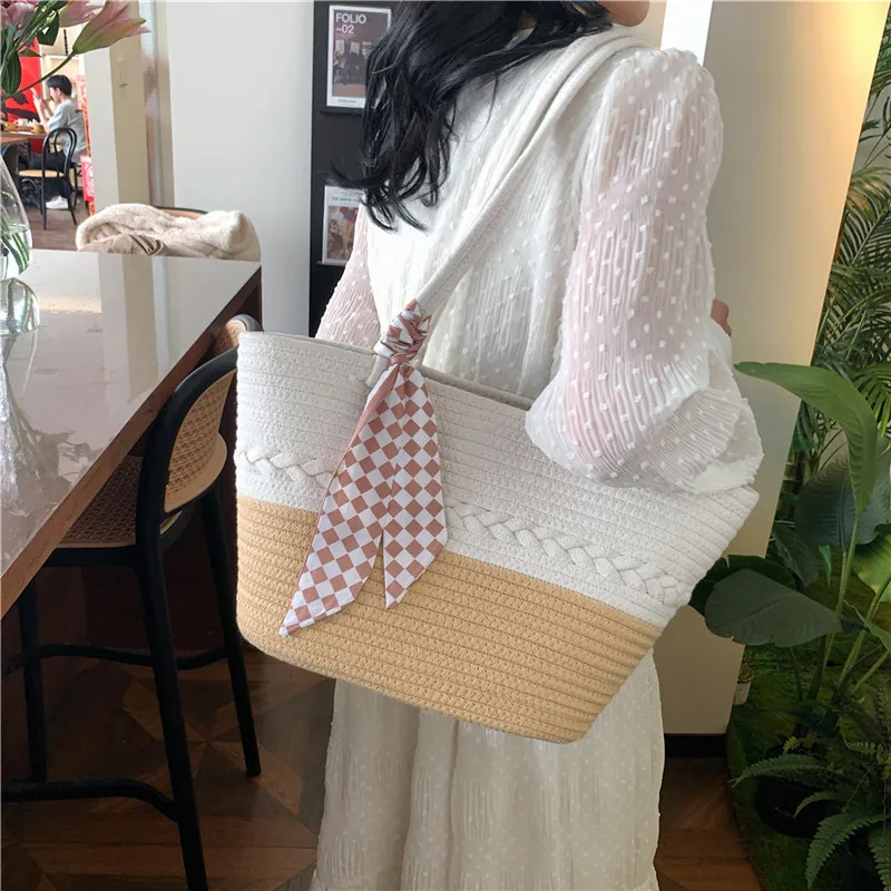 Cross-border Large-capacity Cotton Knitted New Color-blocked Shoulder Bag Vacation Beach Bag Vacation Straw Shoulder Bag