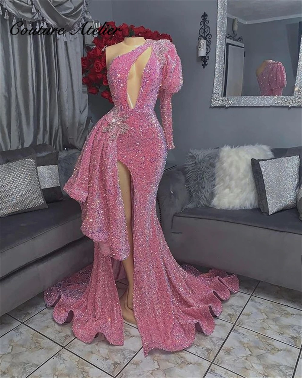 

Pink Sequin Puff Long Sleeve Mermaid Prom Dresses Gowns 2024 Black Grils One Shoulder Birthday Dress Elegant Cocktail Gowns Slit