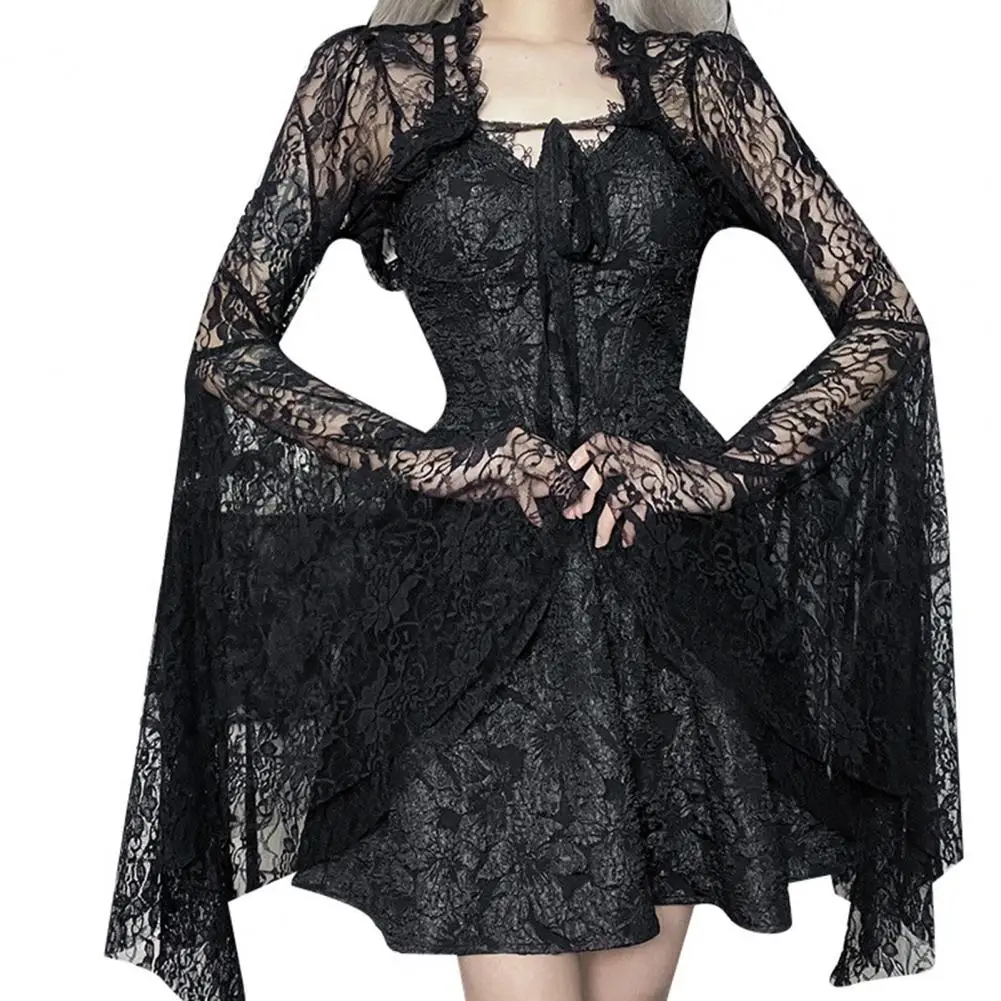 

Elegant Lace Cardigan Women Lace Cardigan Elegant Vintage Black Lace T-shirt with Flared Sleeve See Through Sexy Smock for Women