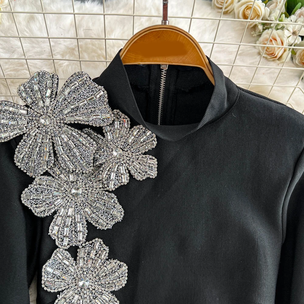 TWOTWINSTYLE Solid Spliced Diamonds Two Piece Set For Women O Neck Long Sleeve Top High Waist Slim Skirt Sets Female KSE517939 5