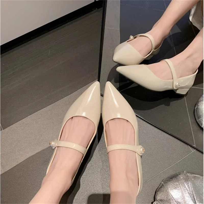 

2024 Lolita Low Heels Soft Mary Jane Women Pointed Toe Shallow Mouth Pumps Pearl Belt Buckle Ballet Bridal Loafers