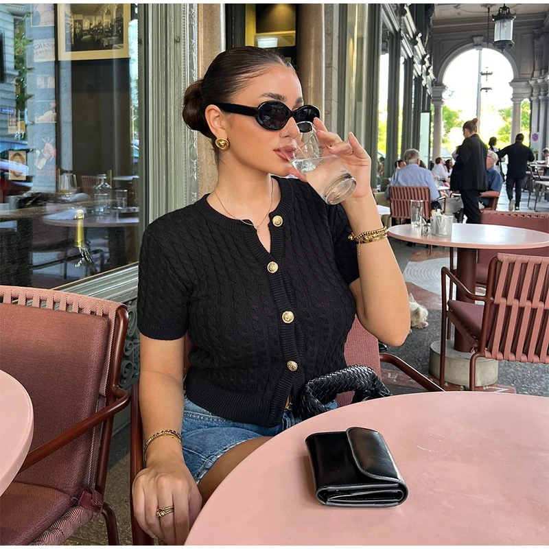 Knitted Single Breasted Cardigans Women Solid O-neck Short Sleeve Ribbed Sweaters Female Fashion New Slim Ladies Casual Top