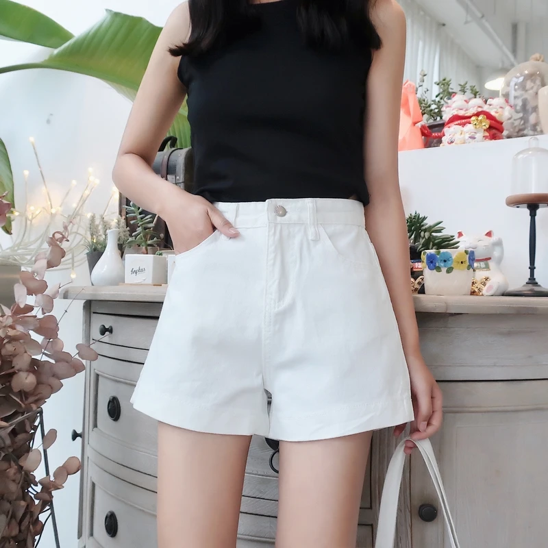 Spring New Korean Style Simple Flanging High Waist Slimming Denim Shorts Female Student All-Matching Straight Wide Leg Hot Pants compression shorts