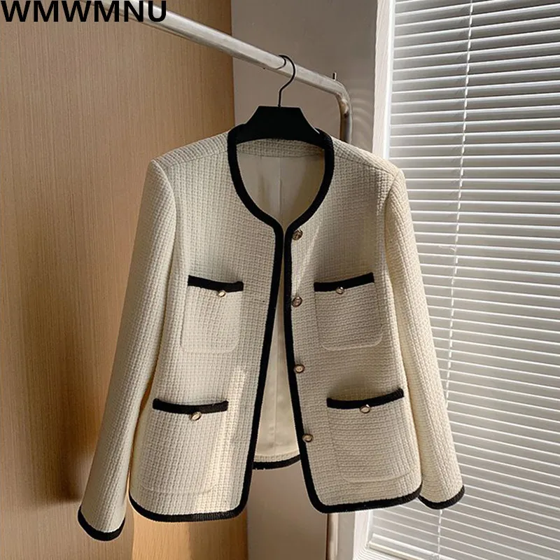 

Женская твидовая куртка оверсайз 80 кг, элегантное шерстяное пальто, корейская мода, винтажная верхняя одежда, свободные белые куртки, новинка весны