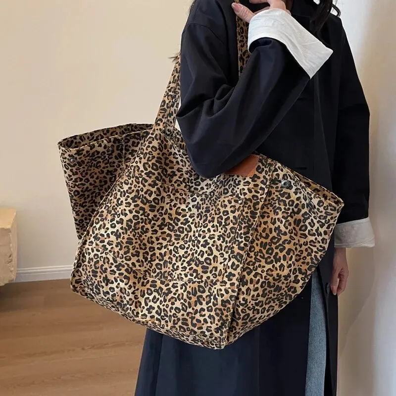 Borsa a tracolla in tela vintage con motivo leopardato, borsa a mano alla moda, grande capacità, per scuola, lavoro, shopper_voghion.com