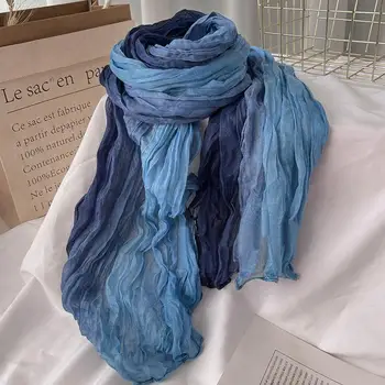 Sciarpa in cotone canapa sfumato blu autunno inverno retrò versatile stampato scialle lungo piega da donna morbido nuova tendenza alla moda 1