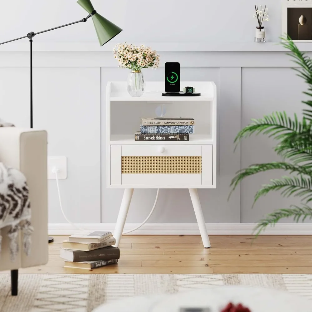 

End Table for Bedroom Rattan Side With Storage & Solid Wood Feet Nightstands Furniture White Home